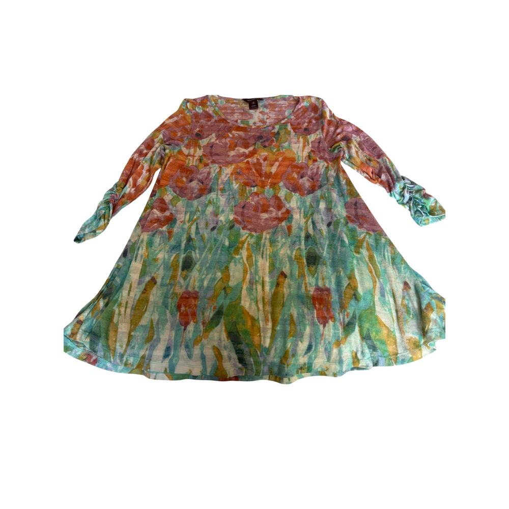 Multiples Floral Tunic Dress Long Sleeve Watercolor Print Rayon Blend - Picture 2 of 8